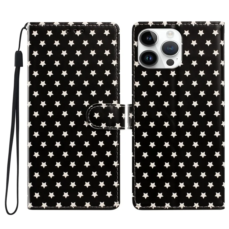 Étui pour iPhone 16 Pro Max avec motif d'étoiles, portefeuille en cuir PU luxueux avec support et dragonne - Noir