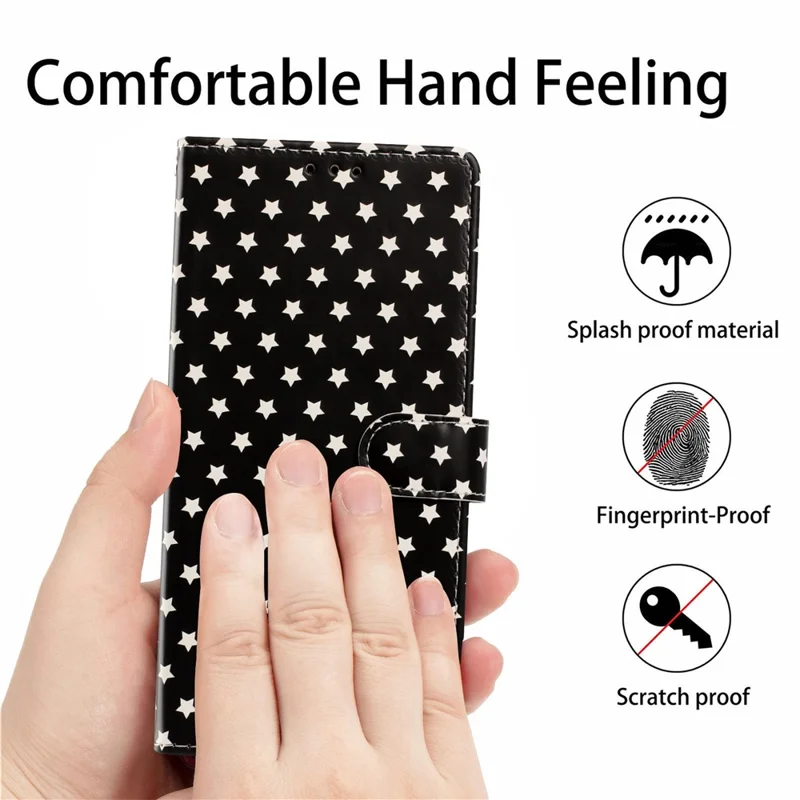 Étui pour iPhone 16 Pro Max avec motif d'étoiles, portefeuille en cuir PU luxueux avec support et dragonne - Noir