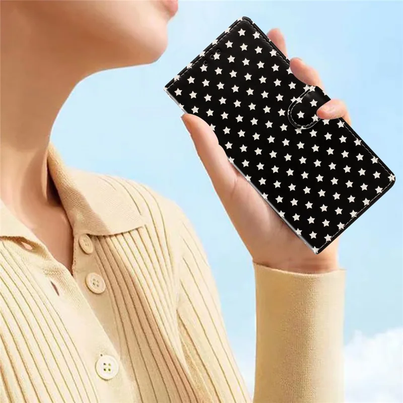 Étui pour iPhone 16 Pro Max avec motif d'étoiles, portefeuille en cuir PU luxueux avec support et dragonne - Noir
