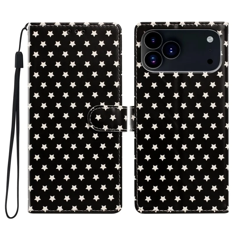 For iPhone 17 Pro Case Star Pattern PU Leather Wallet Stand Phone Cover with Wrist Strap - Black