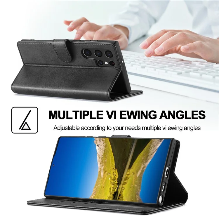 LC.IMEEKE Pour Samsung Galaxy S23 Ultra Texture Veau Résistant aux rayures Étui de téléphone portable Fermoir magnétique Portefeuille en cuir PU avec support Housse de flip pour téléphone portable - Noir
