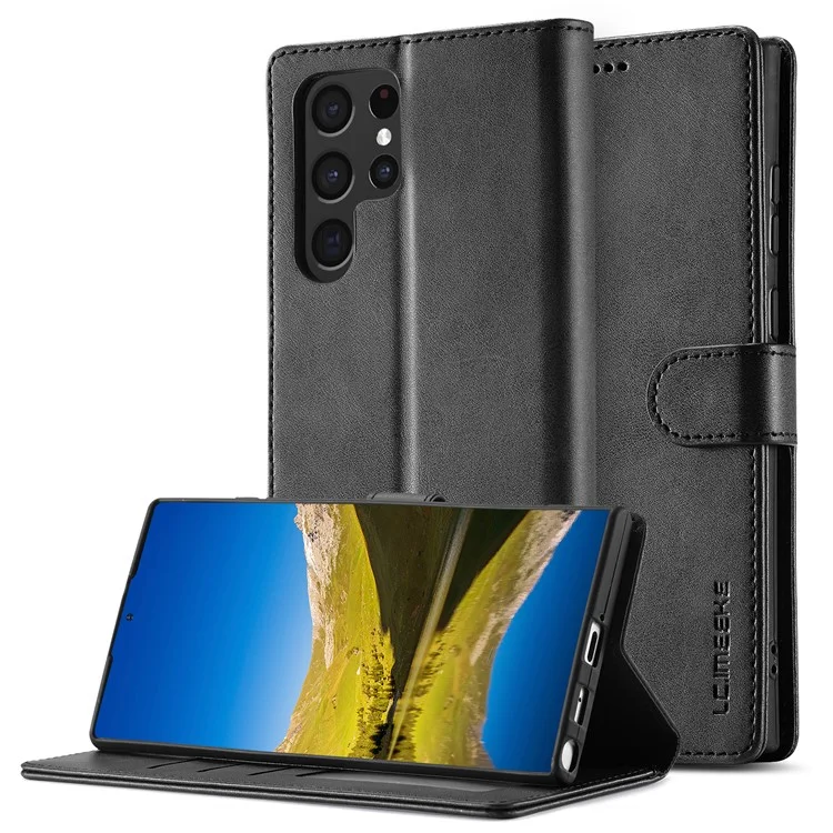 LC.IMEEKE Pour Samsung Galaxy S23 Ultra Texture Veau Résistant aux rayures Étui de téléphone portable Fermoir magnétique Portefeuille en cuir PU avec support Housse de flip pour téléphone portable - Noir