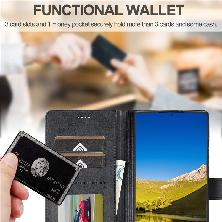 LC.IMEEKE Pour Samsung Galaxy S23 Ultra Texture Veau Résistant aux rayures Étui de téléphone portable Fermoir magnétique Portefeuille en cuir PU avec support Housse de flip pour téléphone portable - Noir