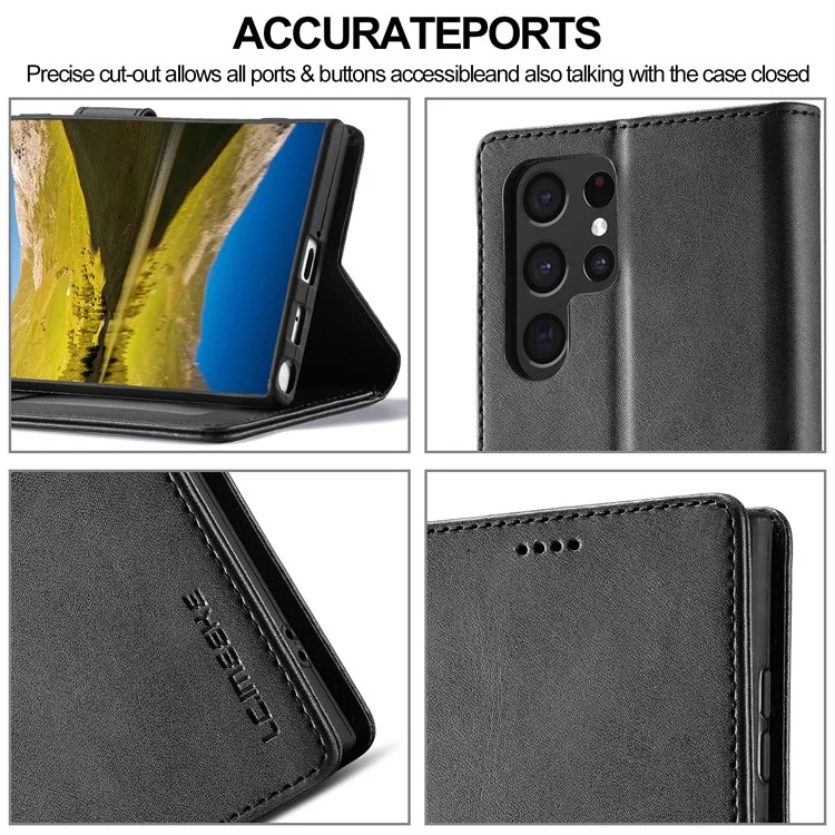 LC.IMEEKE Pour Samsung Galaxy S23 Ultra Texture Veau Résistant aux rayures Étui de téléphone portable Fermoir magnétique Portefeuille en cuir PU avec support Housse de flip pour téléphone portable - Noir