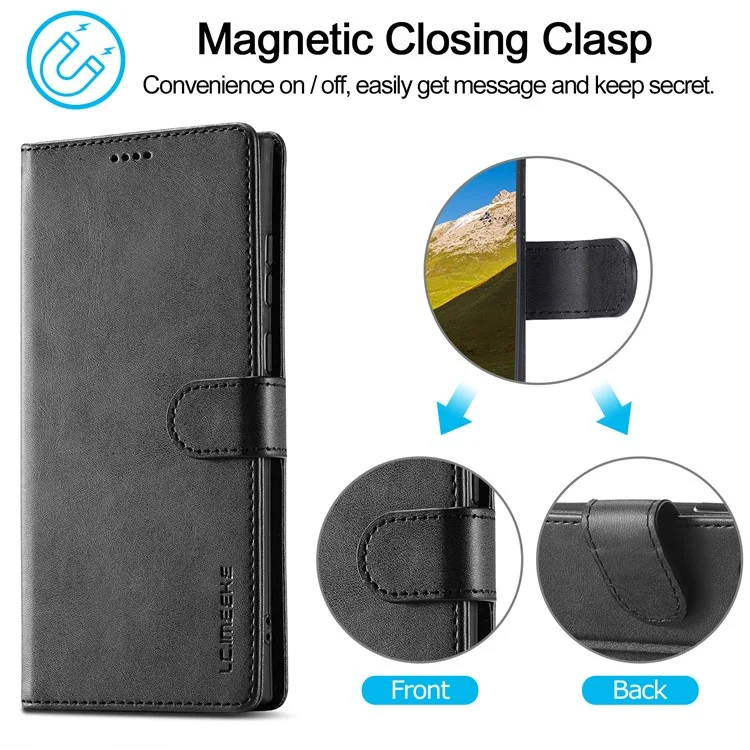 LC.IMEEKE Pour Samsung Galaxy S23 Ultra Texture Veau Résistant aux rayures Étui de téléphone portable Fermoir magnétique Portefeuille en cuir PU avec support Housse de flip pour téléphone portable - Noir