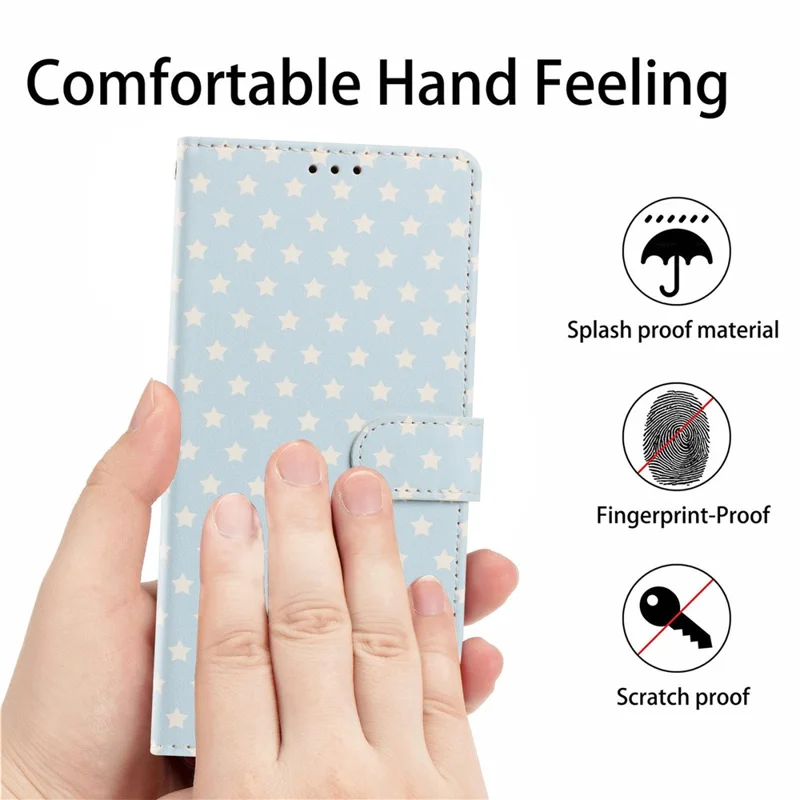 Funda para iPhone 17 Pro Max con Estampado de Estrellas, Cartera de Cuero PU con Soporte y Correa de Mano - Azul Bebé