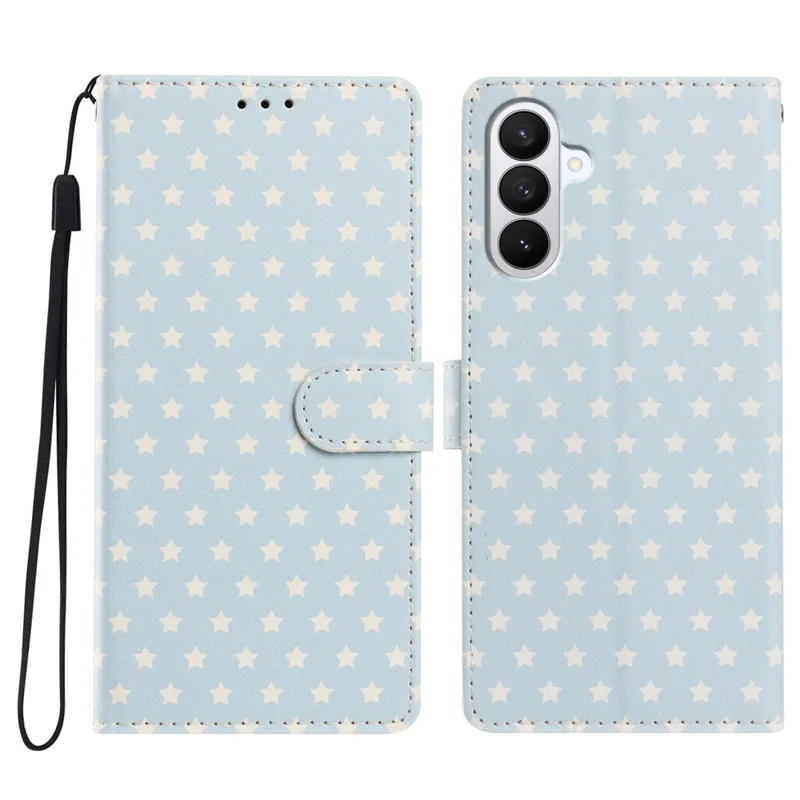 Til Samsung Galaxy S26 Etui med stjernemønster i PU-læder, wallet, stand og telefondæksel med håndledsrem - babyblå