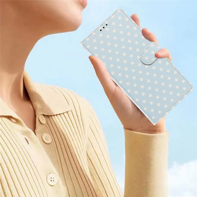 Til Samsung Galaxy S26 Etui med stjernemønster i PU-læder, wallet, stand og telefondæksel med håndledsrem - babyblå