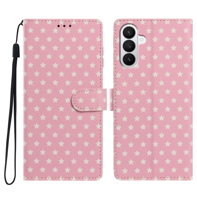 Capa para Samsung Galaxy S26+ com Estampa de Estrelas, Capa Carteira com Suporte de Couro PU Elegante e Alça de Pulso - Rosa