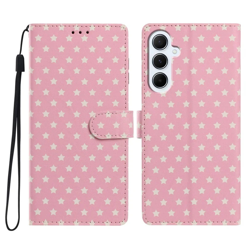 For Samsung Galaxy A37 5G Case Star Pattern PU Leather Wallet Stand Phone Cover with Wrist Strap - Pink