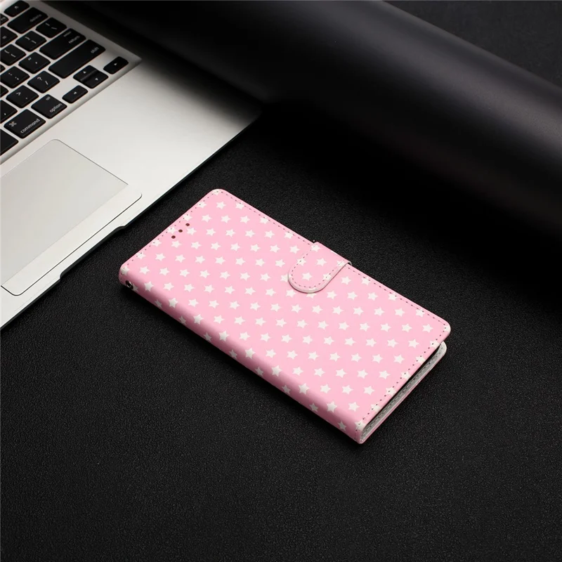 Capa para Samsung Galaxy A27 com Estrelas, Capa Carteira com Suporte em Pele Sintética PU e Alça de Pulso - Rosa