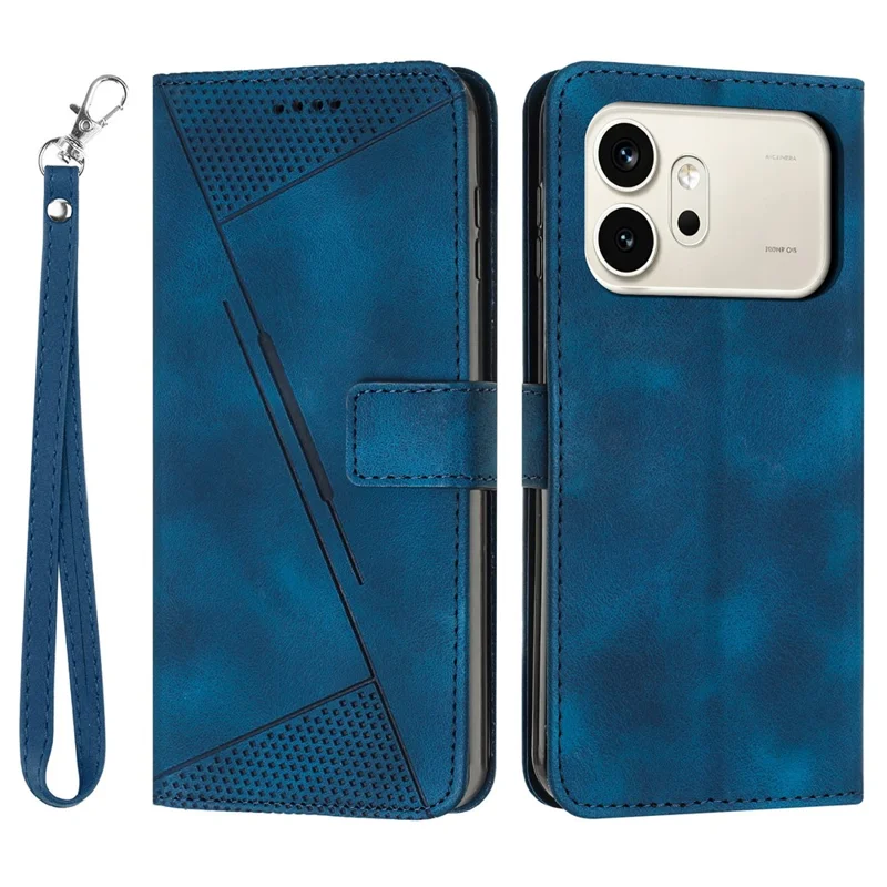 For Honor 600 5G  /  600 Pro 5G Leather Case Imprinted Triangle Phone Cover with Hand Strap - Blue