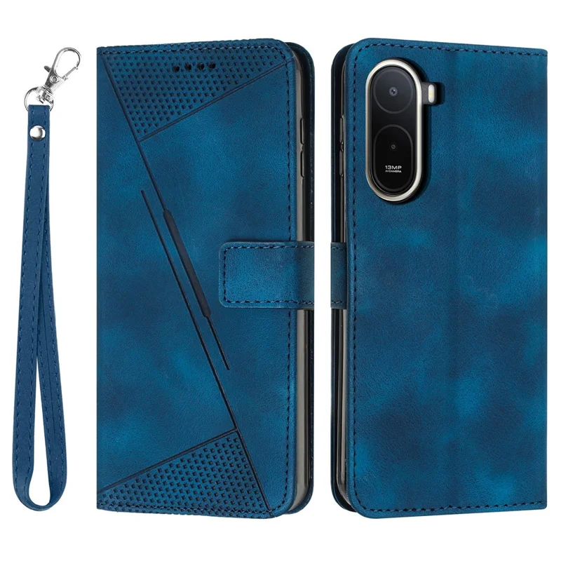For Xiaomi Redmi A7 Pro 4G  /  Poco C85x 5G Leather Case Imprinted Triangle Phone Cover with Hand Strap - Blue
