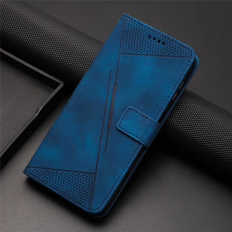 For Xiaomi Redmi A7 Pro 4G  /  Poco C85x 5G Leather Case Imprinted Triangle Phone Cover with Hand Strap - Blue