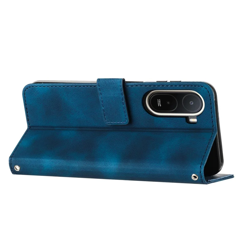 For Xiaomi Redmi A7 Pro 4G  /  Poco C85x 5G Leather Case Imprinted Triangle Phone Cover with Hand Strap - Blue
