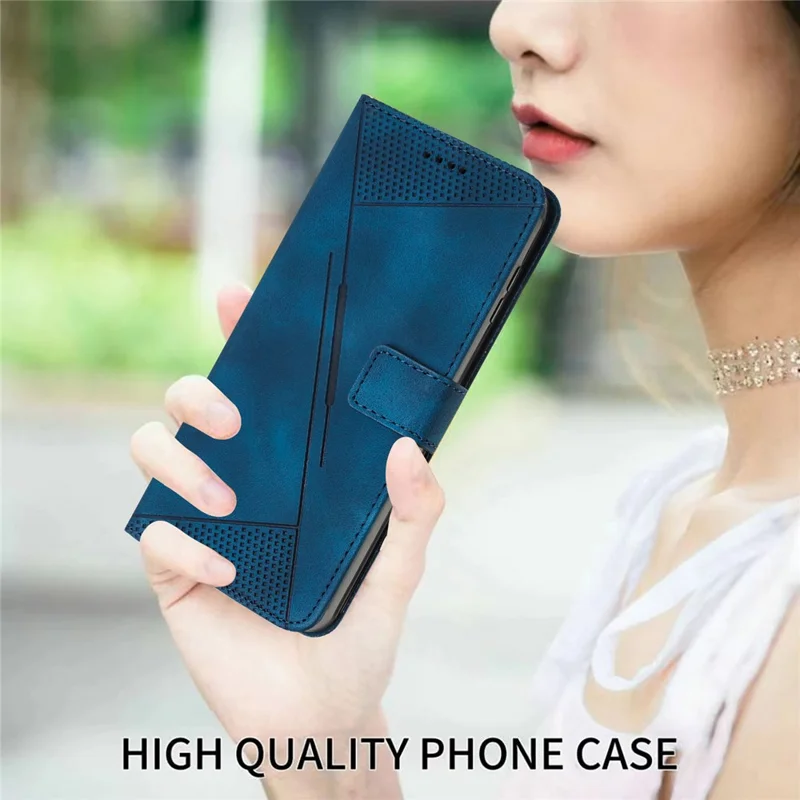For Xiaomi Redmi A7 Pro 4G  /  Poco C85x 5G Leather Case Imprinted Triangle Phone Cover with Hand Strap - Blue