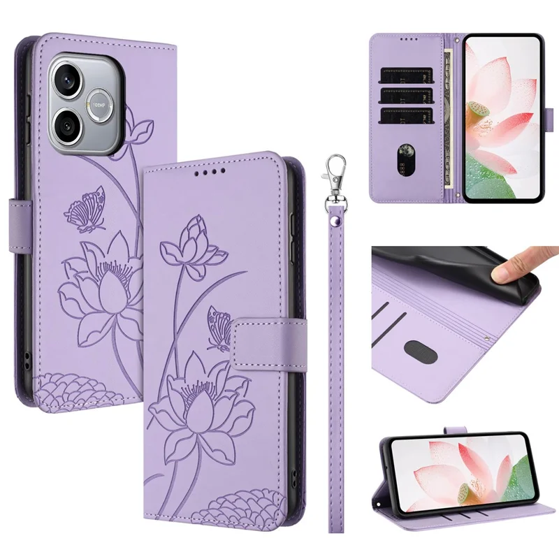 For Honor 600 Lite 5G Case Wallet Stand Lotus Imprint Leather Phone Cover with Wrist Strap - Purple