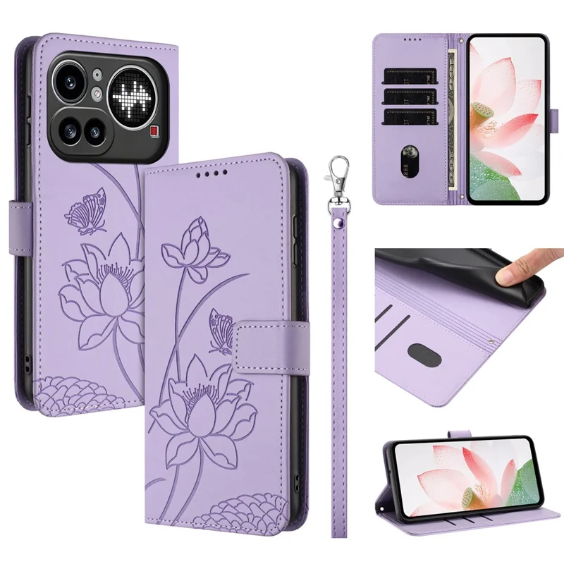 For Nothing Phone (4a) Pro Case Wallet Stand Lotus Imprint Leather Phone Cover with Wrist Strap - Purple