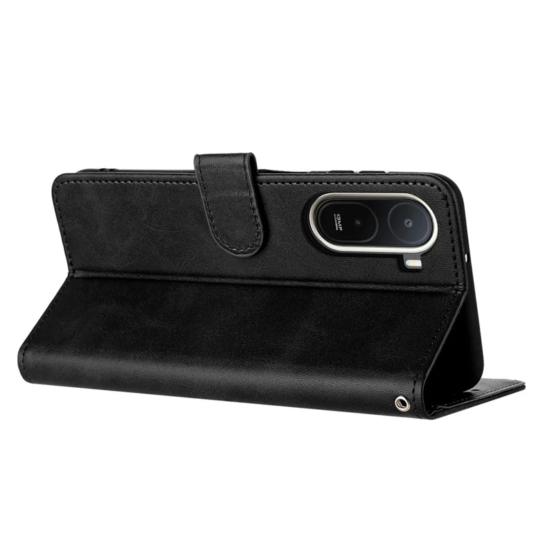 For Xiaomi Redmi A7 Pro 4G / Poco C85x 5G Wallet Case Flip Stand Calf Texture PU Leather Phone Cover with Strap - Black