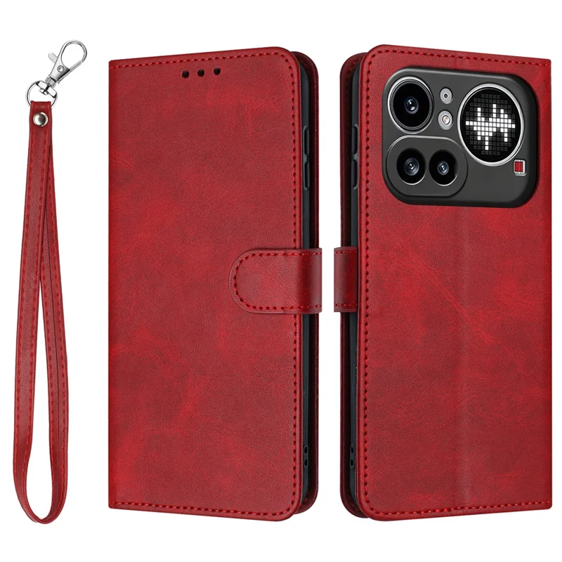 Flipfodral med plånbok för Nothing Phone (4a) Pro, fodral i kalvstruktur av PU-läder med ställfunktion och rem - Röd