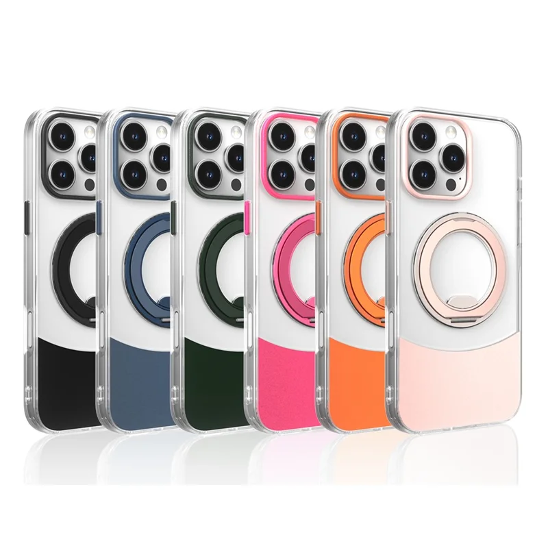 Bulk Purchasing For iPhone 16 Plus Case Transparent Colorful Design 360° Rotating Metal Kickstand Shockproof TPU Acrylic Cover - Pink