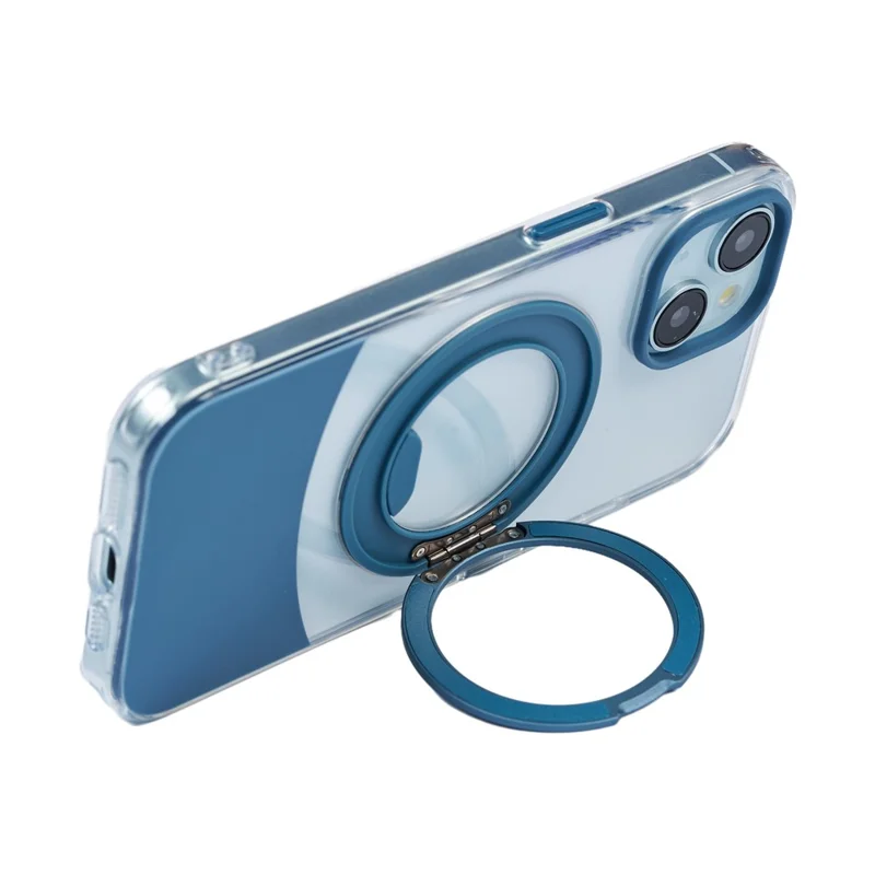 Bulk Purchasing For iPhone 15 Plus / 14 Plus Case Transparent Colorful Design 360° Rotating Metal Kickstand Shockproof TPU Acrylic Cover - Blue