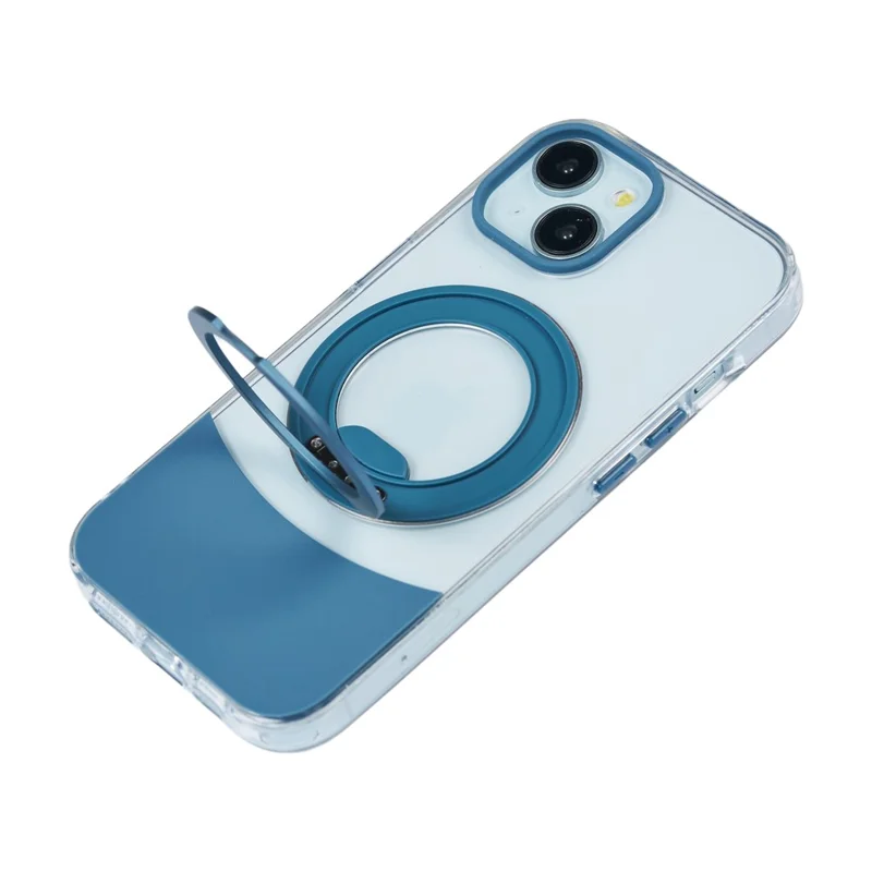 Bulk Purchasing For iPhone 15 Plus / 14 Plus Case Transparent Colorful Design 360° Rotating Metal Kickstand Shockproof TPU Acrylic Cover - Blue
