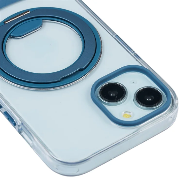 Bulk Purchasing For iPhone 15 Plus / 14 Plus Case Transparent Colorful Design 360° Rotating Metal Kickstand Shockproof TPU Acrylic Cover - Blue