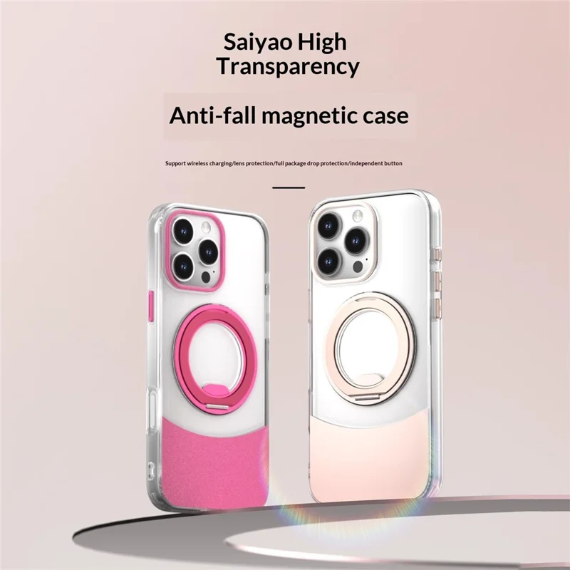 Bulk Purchasing For iPhone 15 Plus / 14 Plus Case Transparent Colorful Design 360° Rotating Metal Kickstand Shockproof TPU Acrylic Cover - Blue