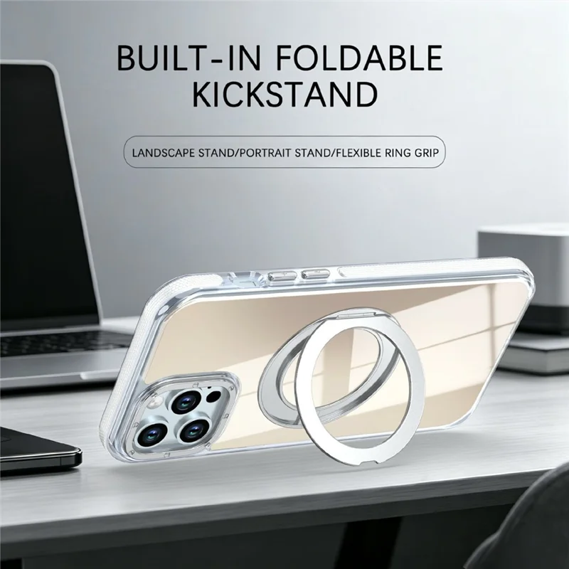 Magnetic Case For iPhone 12  /  12 Pro Fluorescent Design TPU Acrylic Phone Back Cover with 360° Rotating Kickstand - White