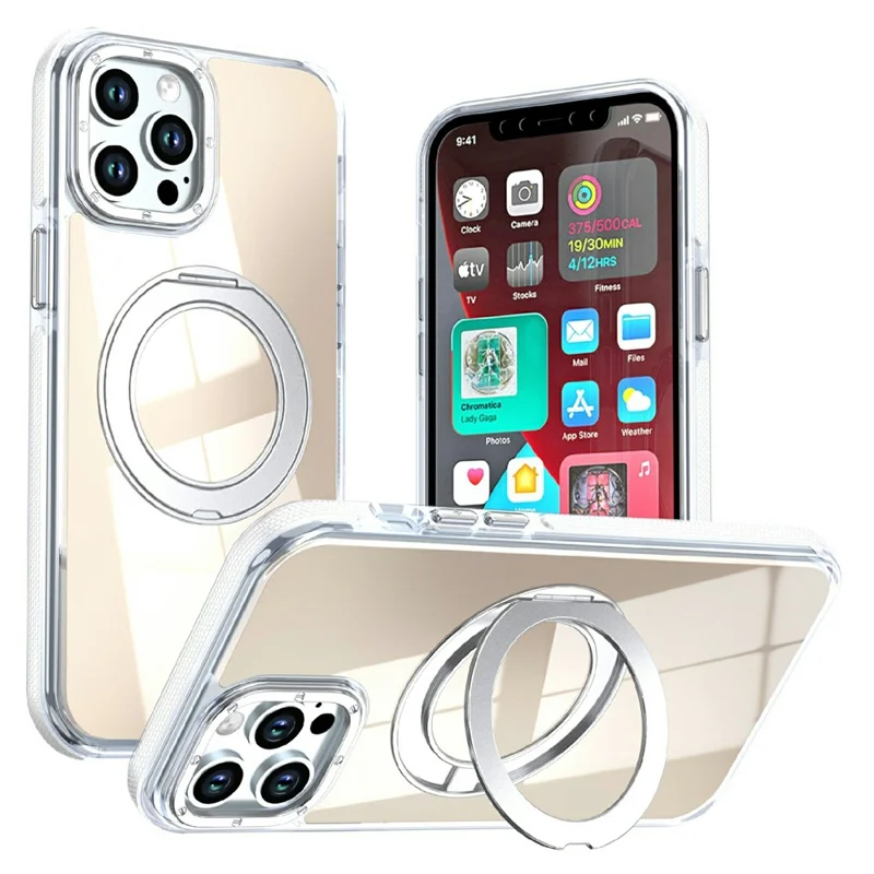 For iPhone 12 Pro Max Magnetic Case Fluorescent Design TPU Acrylic Phone Back Cover with 360° Rotating Kickstand - White