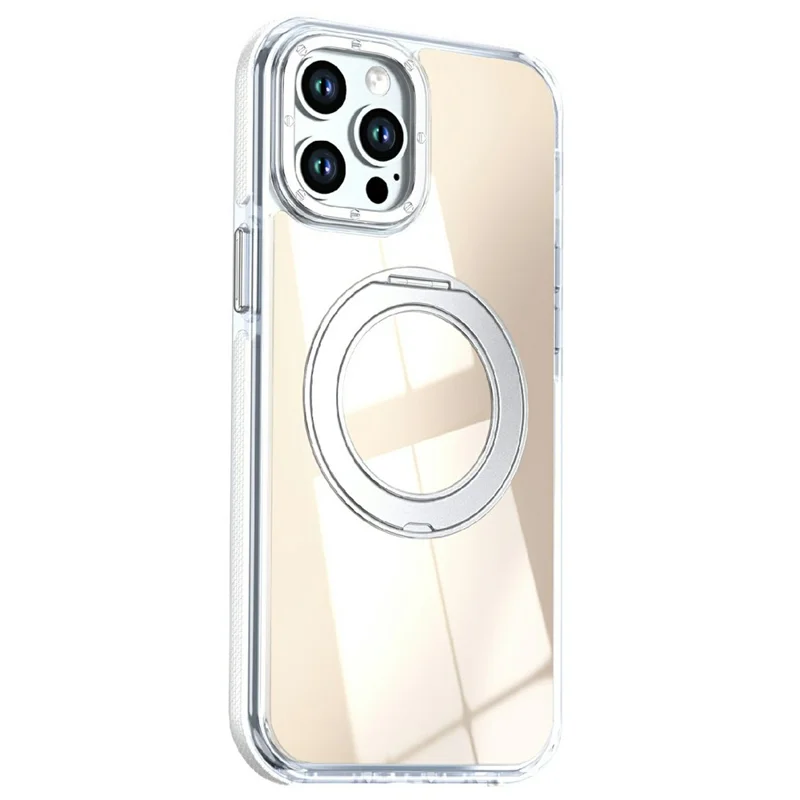 For iPhone 12 Pro Max Magnetic Case Fluorescent Design TPU Acrylic Phone Back Cover with 360° Rotating Kickstand - White