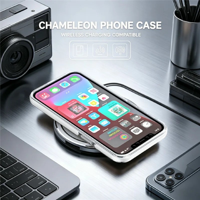 For iPhone 12 Pro Max Magnetic Case Fluorescent Design TPU Acrylic Phone Back Cover with 360° Rotating Kickstand - White