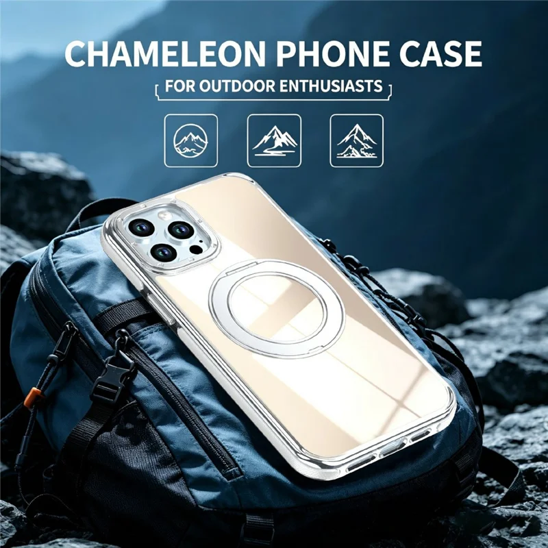 For iPhone 12 Pro Max Magnetic Case Fluorescent Design TPU Acrylic Phone Back Cover with 360° Rotating Kickstand - White