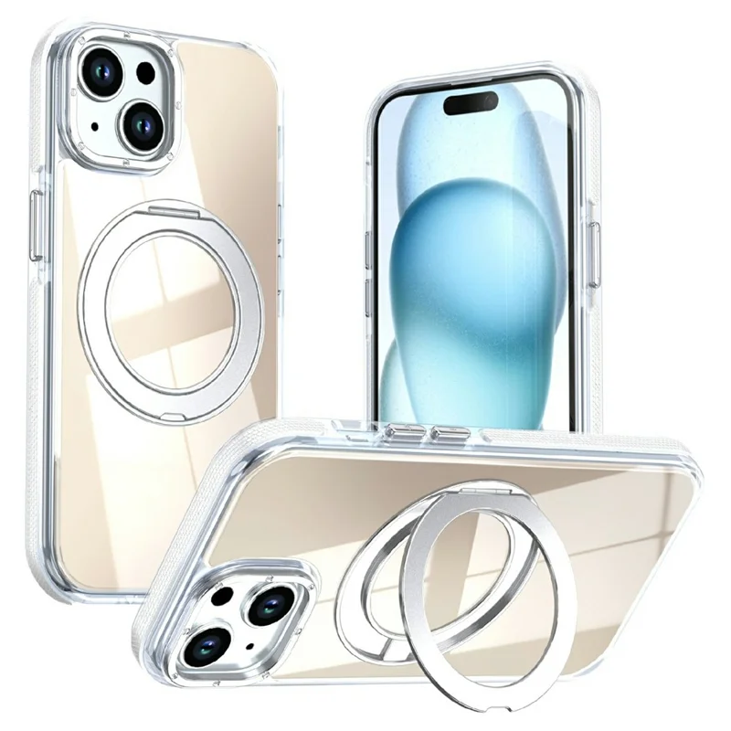 Magnetic Case For iPhone 13  /  14 Fluorescent Design TPU Acrylic Phone Back Cover with 360° Rotating Kickstand - White