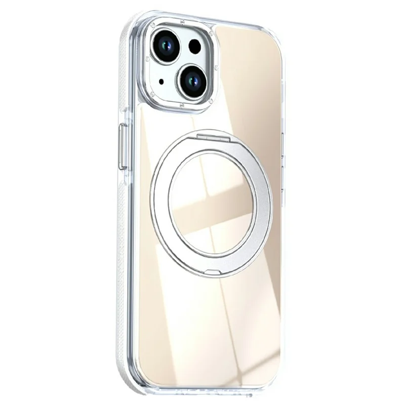 Magnetic Case For iPhone 13  /  14 Fluorescent Design TPU Acrylic Phone Back Cover with 360° Rotating Kickstand - White