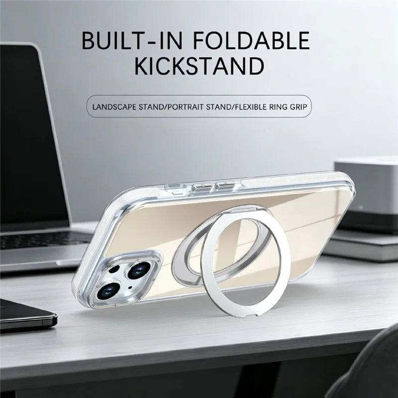 Magnetic Case For iPhone 13  /  14 Fluorescent Design TPU Acrylic Phone Back Cover with 360° Rotating Kickstand - White
