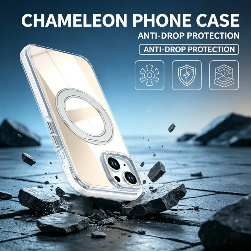 Magnetic Case For iPhone 13  /  14 Fluorescent Design TPU Acrylic Phone Back Cover with 360° Rotating Kickstand - White