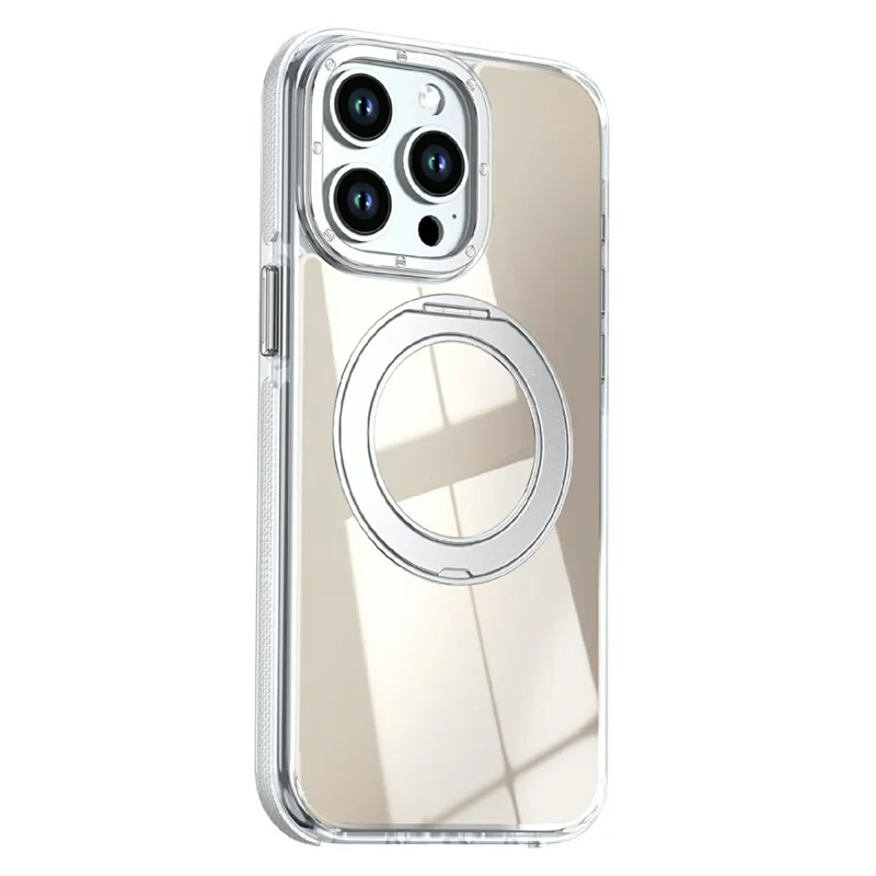 For iPhone 13 Pro Magnetic Case Fluorescent Design TPU Acrylic Phone Back Cover with 360° Rotating Kickstand - White