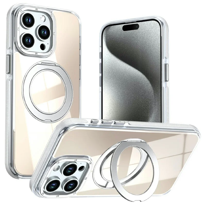 For iPhone 13 Pro Max Magnetic Case Fluorescent Design TPU Acrylic Phone Back Cover with 360° Rotating Kickstand - White