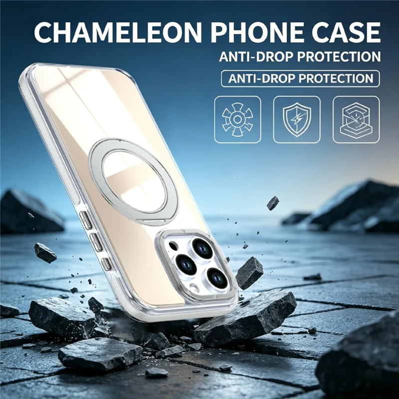 For iPhone 13 Pro Max Magnetic Case Fluorescent Design TPU Acrylic Phone Back Cover with 360° Rotating Kickstand - White