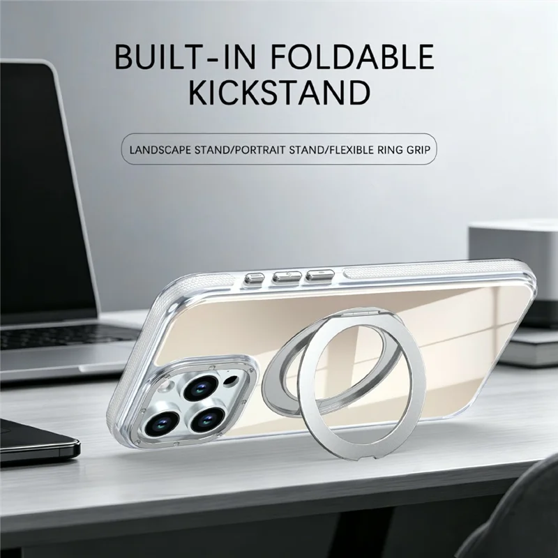 For iPhone 14 Pro Magnetic Case Fluorescent Design TPU Acrylic Phone Back Cover with 360° Rotating Kickstand - White