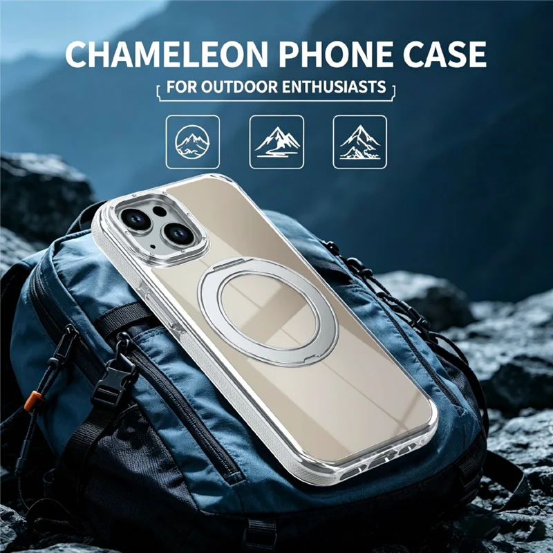 For iPhone 15 Magnetic Case Fluorescent Design TPU Acrylic Phone Back Cover with 360° Rotating Kickstand - White