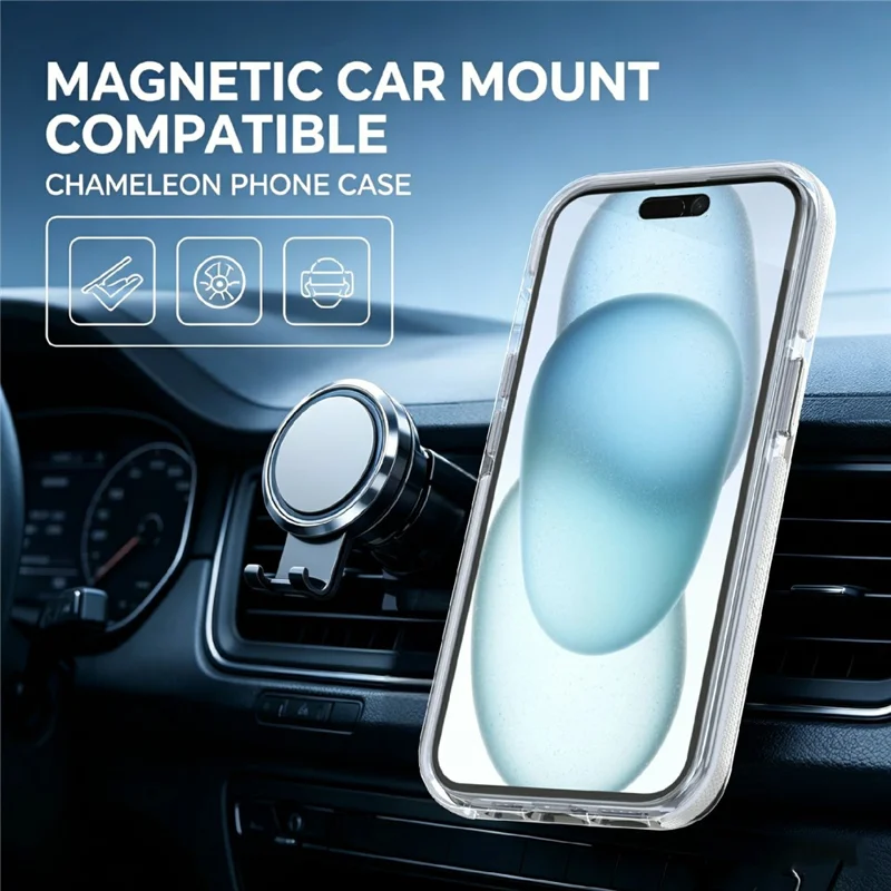 For iPhone 15 Magnetic Case Fluorescent Design TPU Acrylic Phone Back Cover with 360° Rotating Kickstand - White