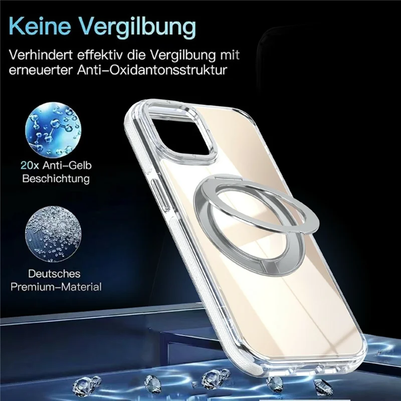For iPhone 15 Magnetic Case Fluorescent Design TPU Acrylic Phone Back Cover with 360° Rotating Kickstand - White