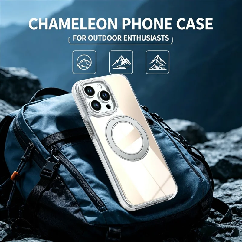 For iPhone 15 Pro Max Magnetic Case Fluorescent Design TPU Acrylic Phone Back Cover with 360° Rotating Kickstand - White