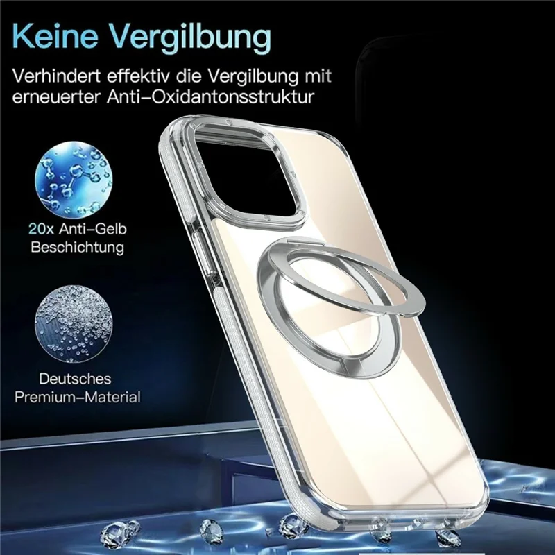 For iPhone 15 Pro Max Magnetic Case Fluorescent Design TPU Acrylic Phone Back Cover with 360° Rotating Kickstand - White