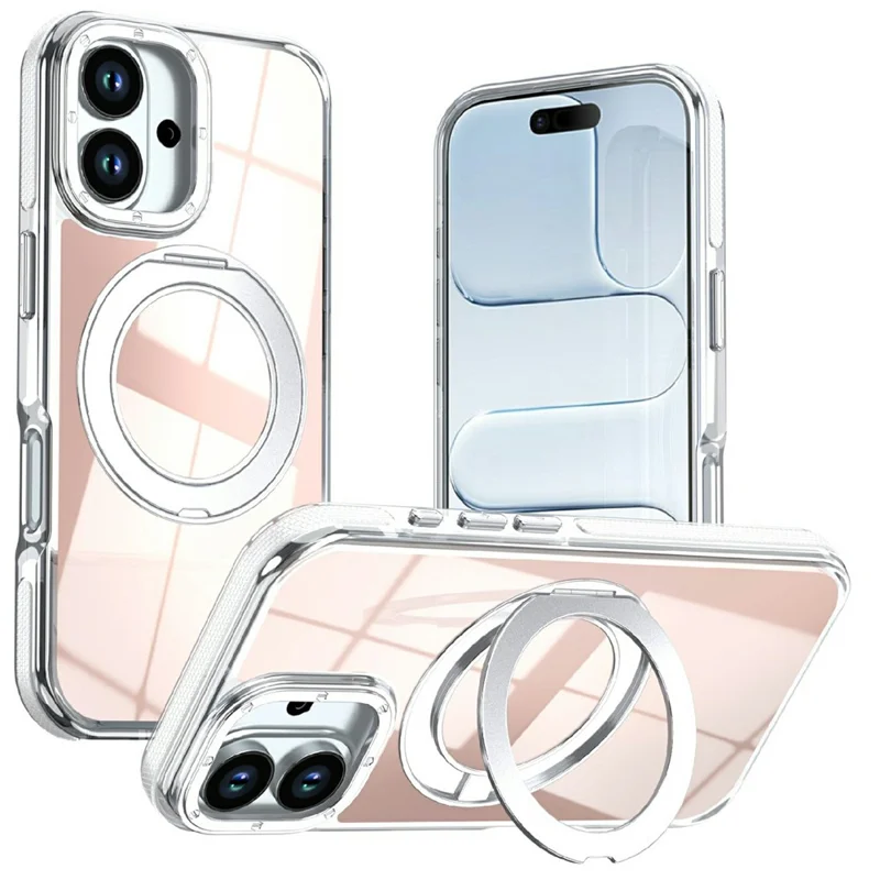 For iPhone 16 Magnetic Case Fluorescent Design TPU Acrylic Phone Back Cover with 360° Rotating Kickstand - White