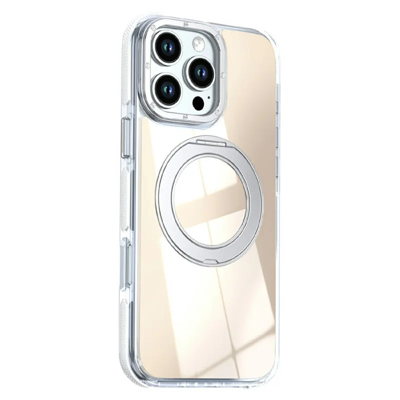 For iPhone 16 Pro Magnetic Case Fluorescent Design TPU Acrylic Phone Back Cover with 360° Rotating Kickstand - White