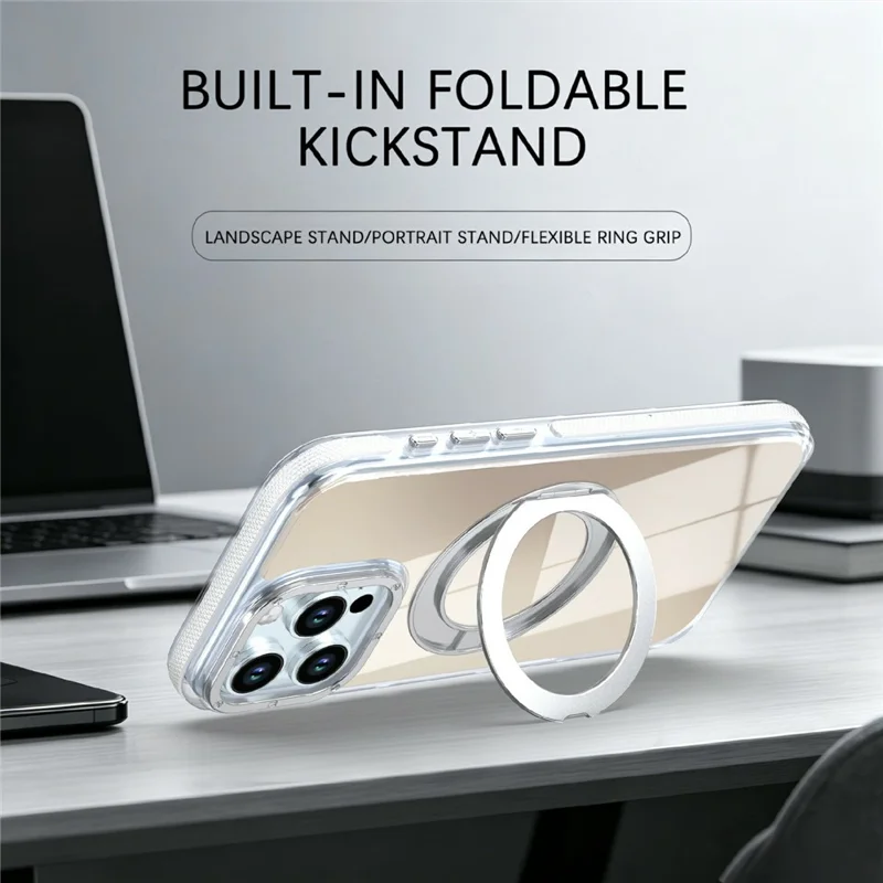 For iPhone 16 Pro Magnetic Case Fluorescent Design TPU Acrylic Phone Back Cover with 360° Rotating Kickstand - White